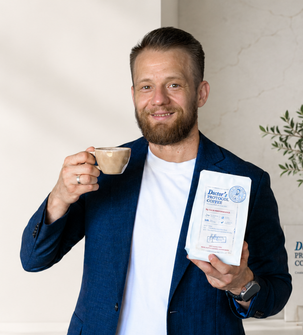 MUDr. Boris Bajer, PhD. so šálkou kávy a balením Doctor's Protocol Coffee